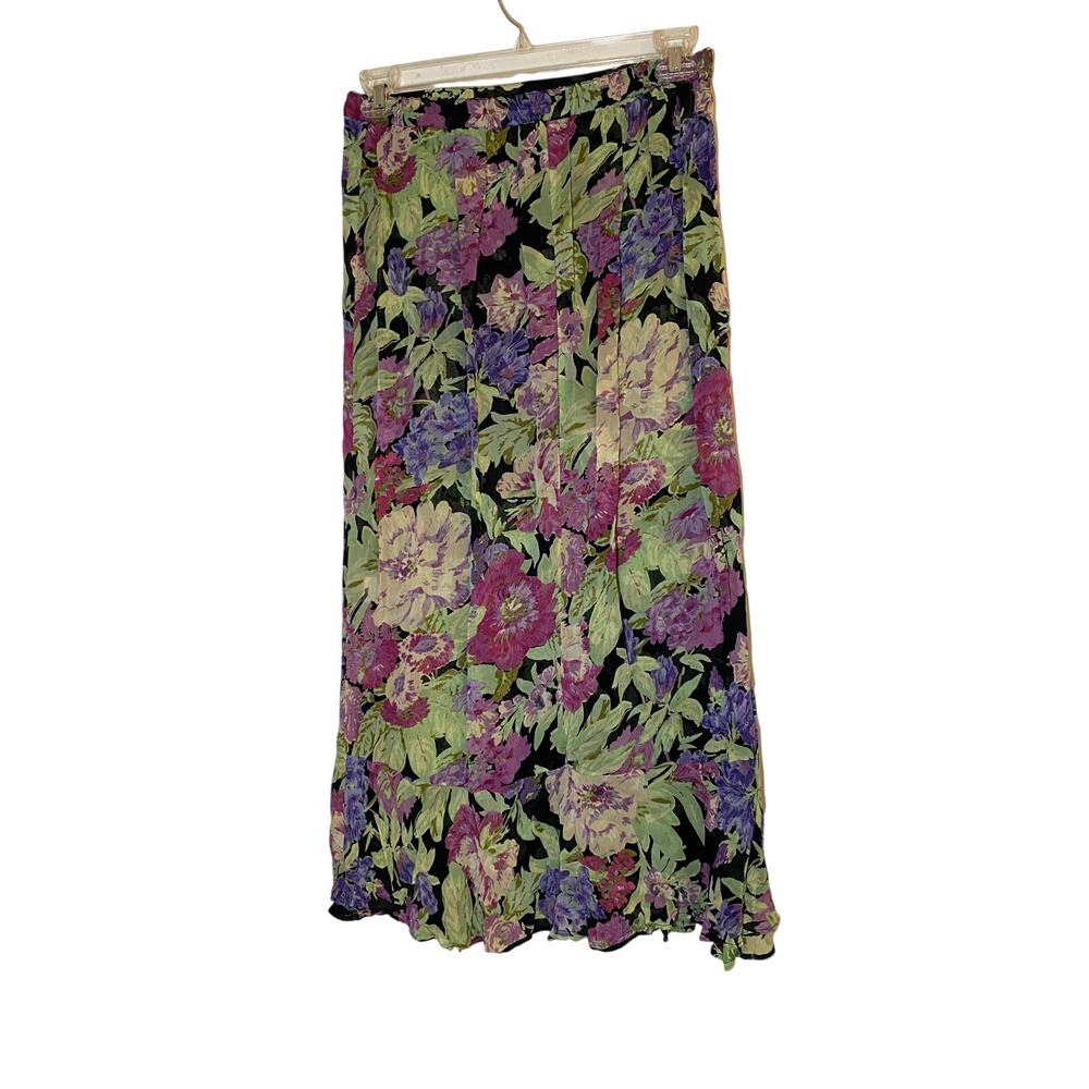 J204 Arizona Womens M Black Floral Maxi Skirt Purple Green Rayon Flowy - Picture 4 of 7
